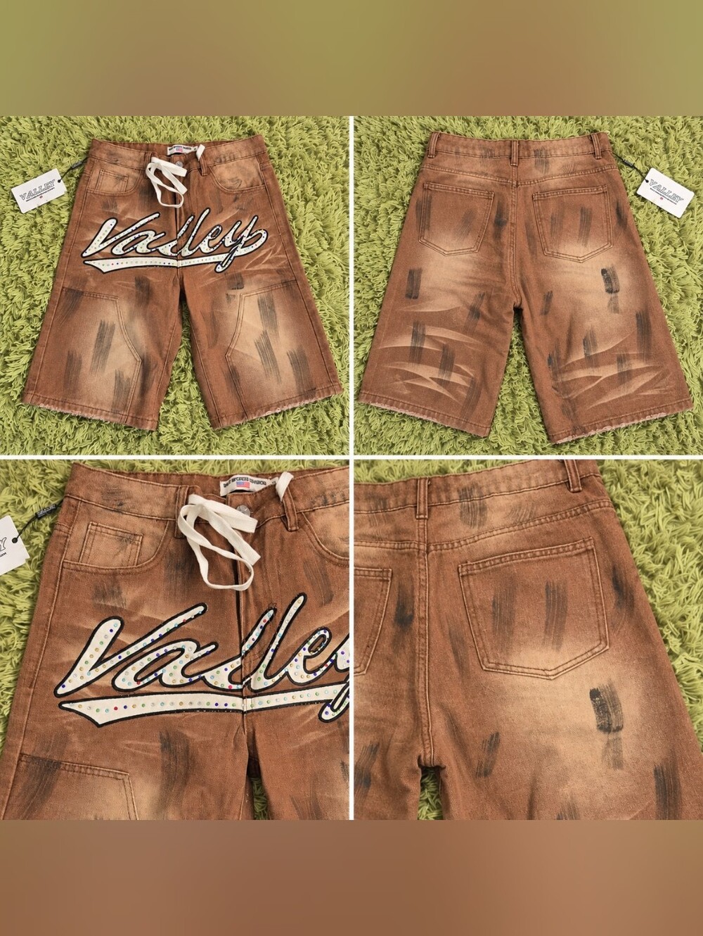 Vale Forever Valley Brown Rhinestone Distressed Denim Jorts Men’s 32 NWT